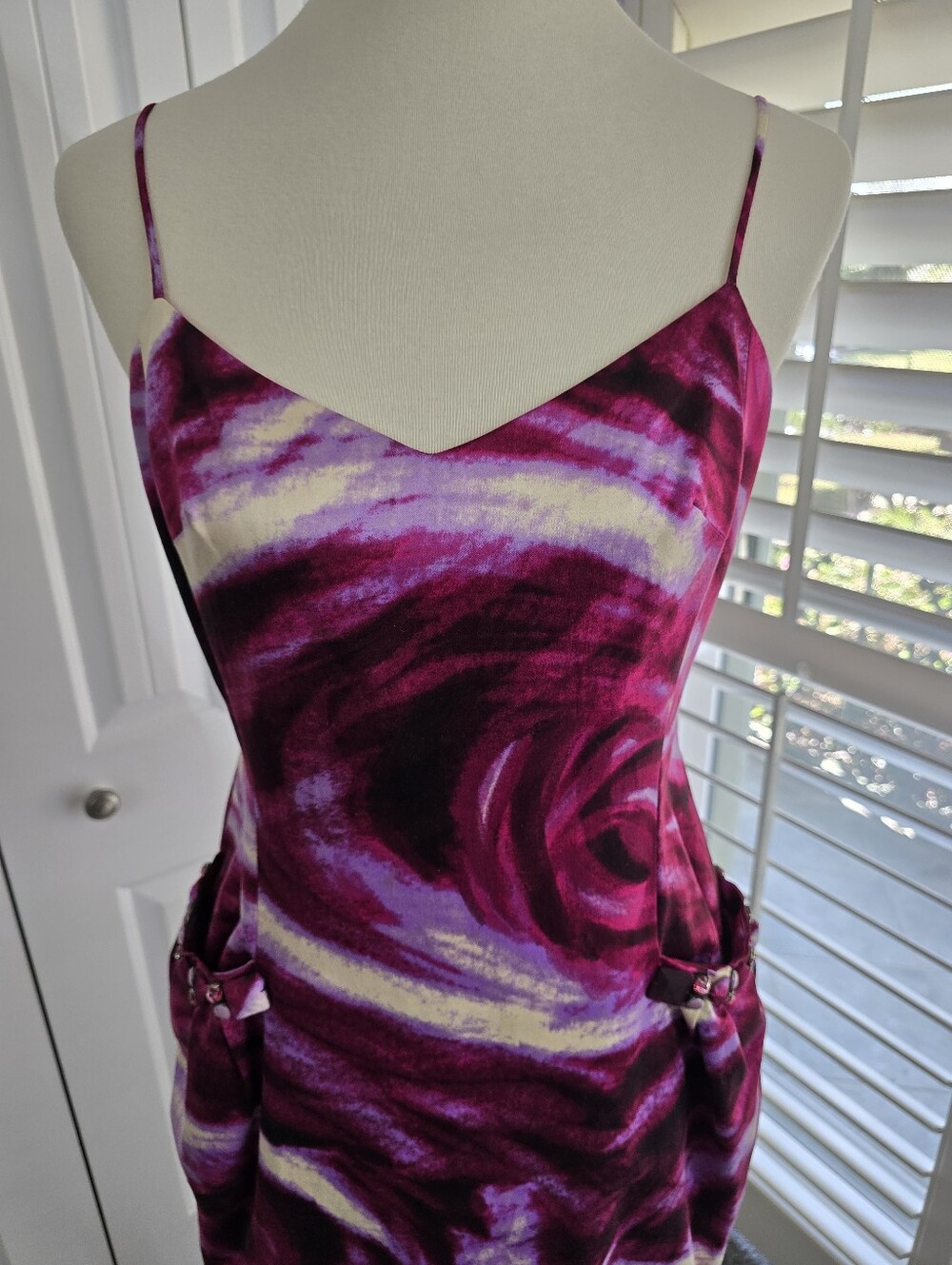 BCBGMAXAZRIA Magenta Swirl Satin Sleeveless Cocktail Mini Dress - Picture 3 of 13
